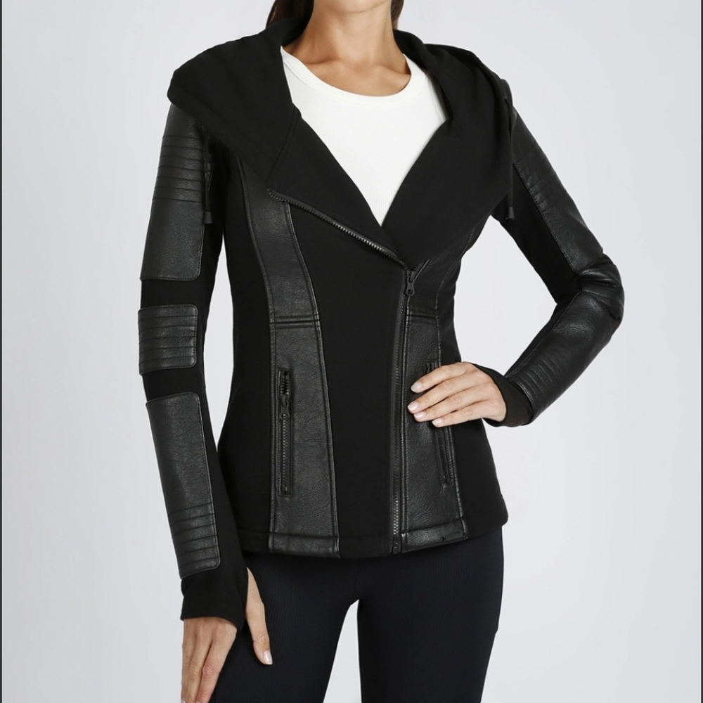 Blanc Noir Asym Hooded Moto Black Jacket